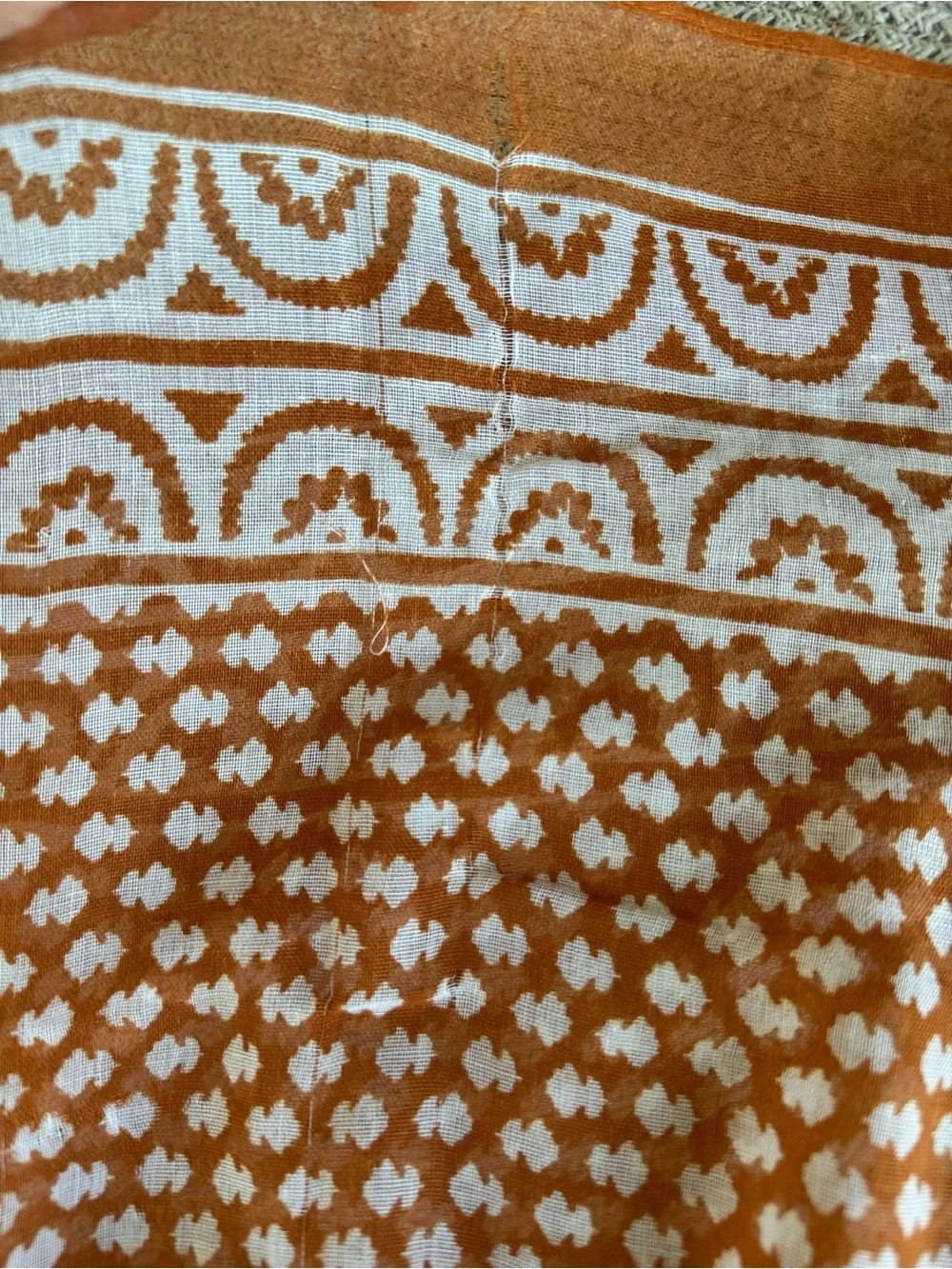Vintage Orange and White Patterned Rectangle Wrap Scarf with Fringe
